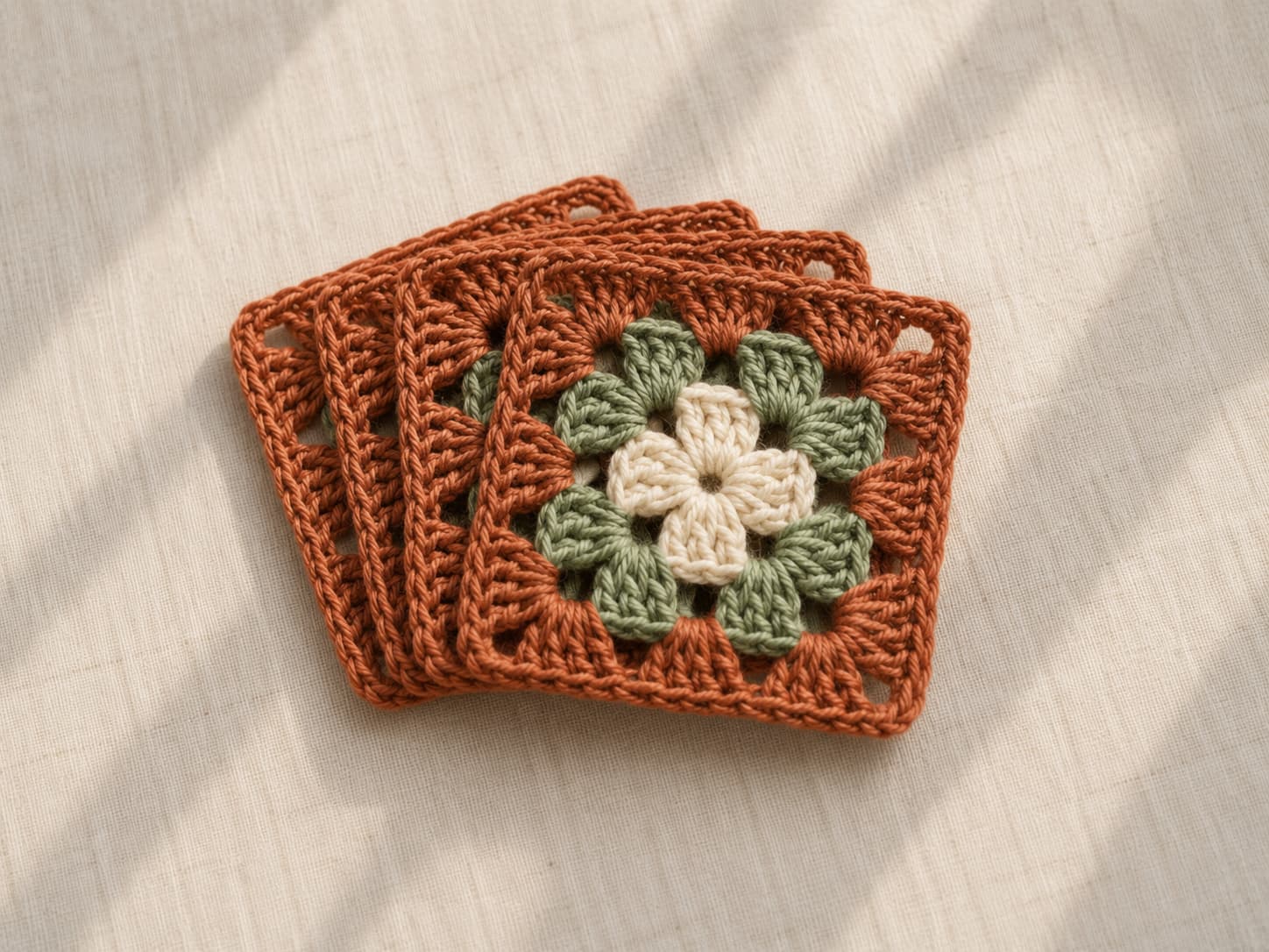 Stack of blocked granny squares with cream centers, sage middle rounds, and terracotta outer rounds on neutral linen.