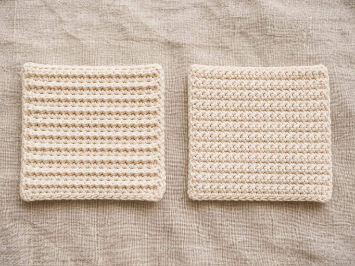 Two cream crochet swatches comparing raised back-loop-only ridges with smooth single crochet worked through both loops.
