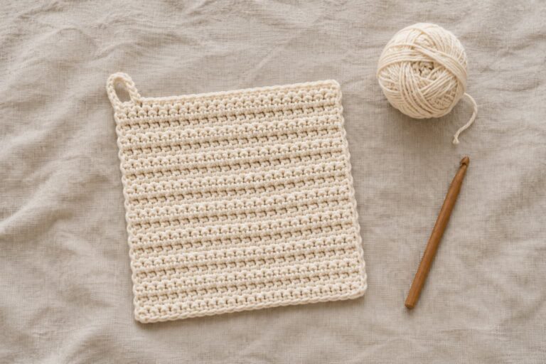 Cream cotton crochet dishcloth with raised ridges and a hanging loop beside matching yarn and a wooden crochet hook on natural linen.