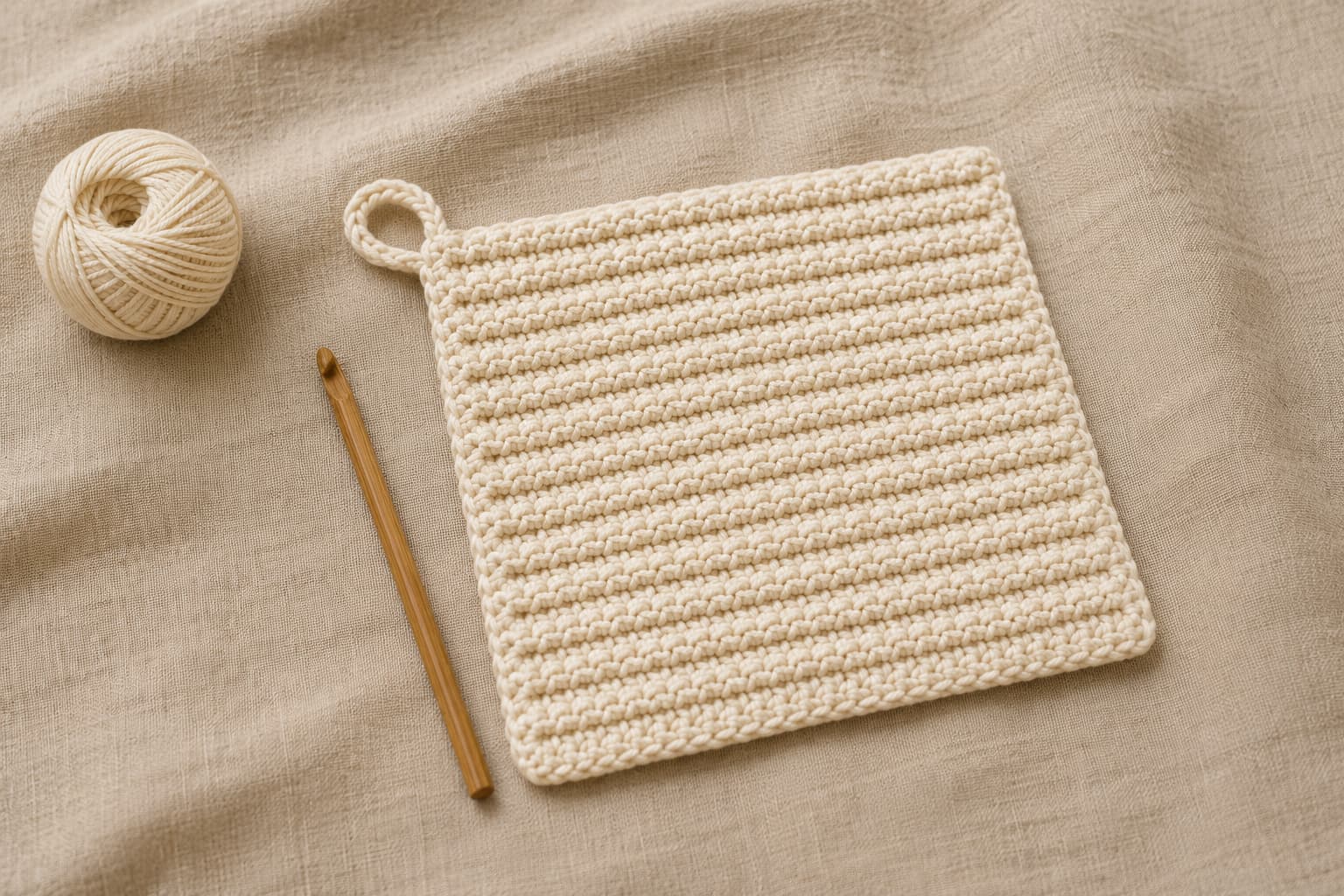Cream cotton crochet dishcloth with raised ridges and hanging loop beside yarn and a wooden hook on linen.