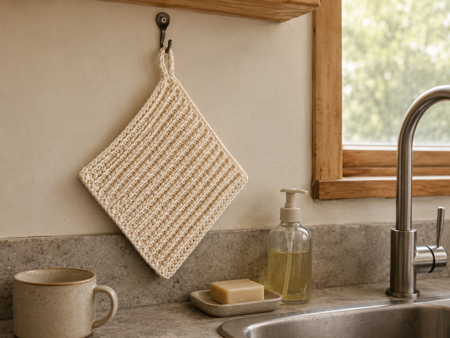Finished cream cotton crochet dishcloth hanging beside a kitchen sink with simple ceramic accessories nearby.