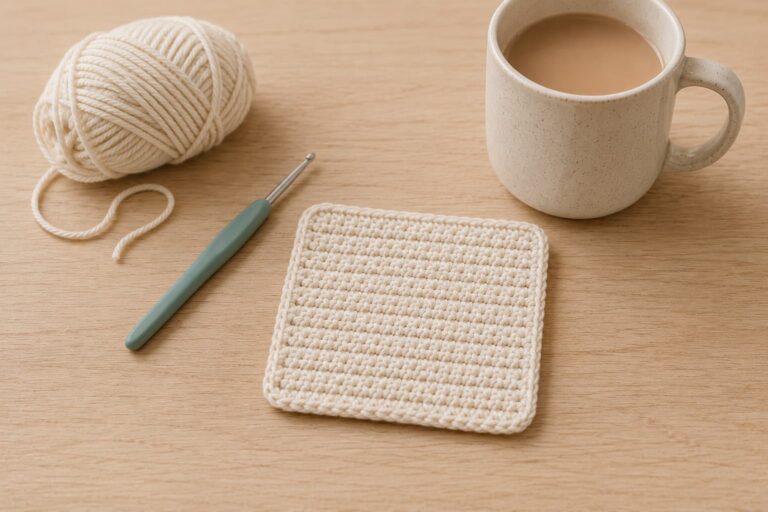 Beginner crochet workspace with cream yarn, a 5 mm hook, a square cotton coaster, and a ceramic mug on a light wooden table.