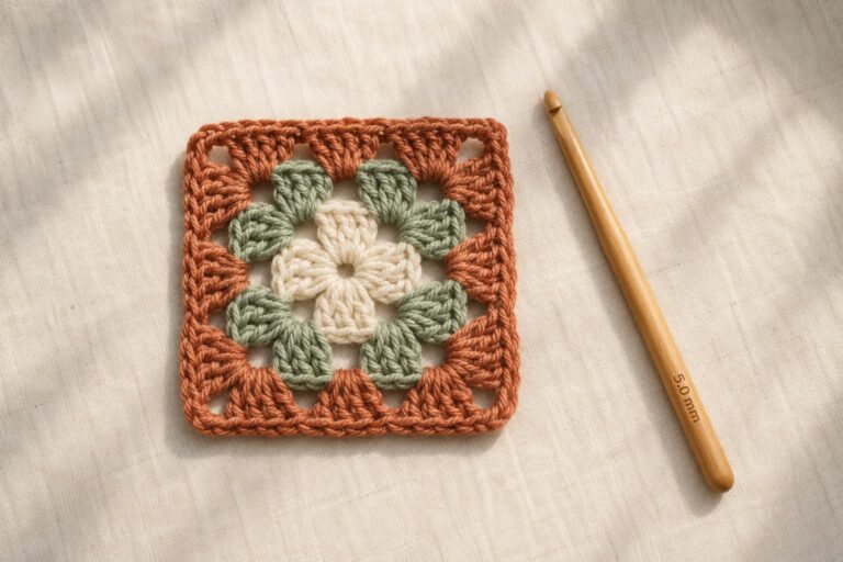 Classic three-round granny square with a cream center, sage second round, and terracotta outer round beside a wooden crochet hook.