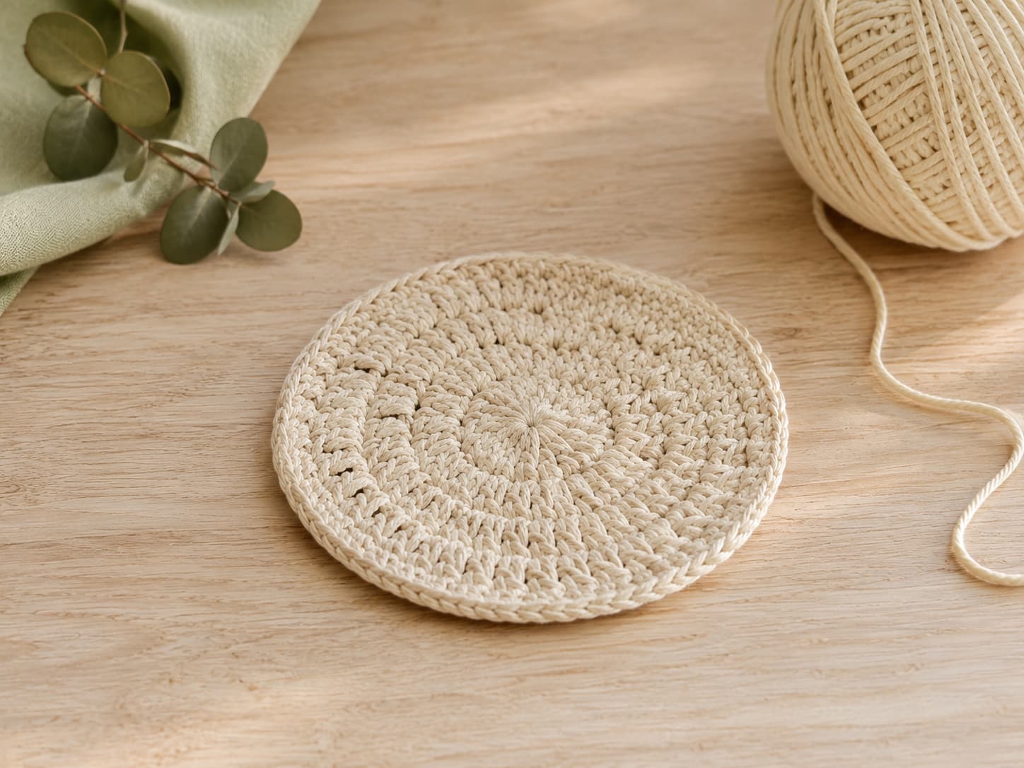 Illustration of a beginner crochet coaster made with natural cotton yarn.