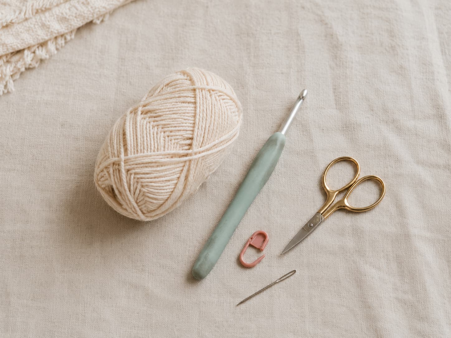 Light-colored worsted yarn, a 5 mm crochet hook, scissors, stitch marker, and tapestry needle arranged on linen.