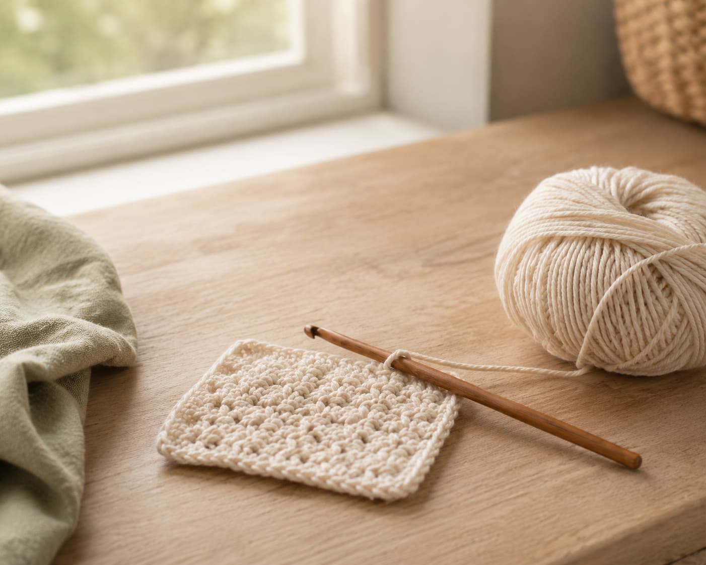 Illustration of a beginner crochet swatch with a wooden hook and cream yarn on a softly lit table.