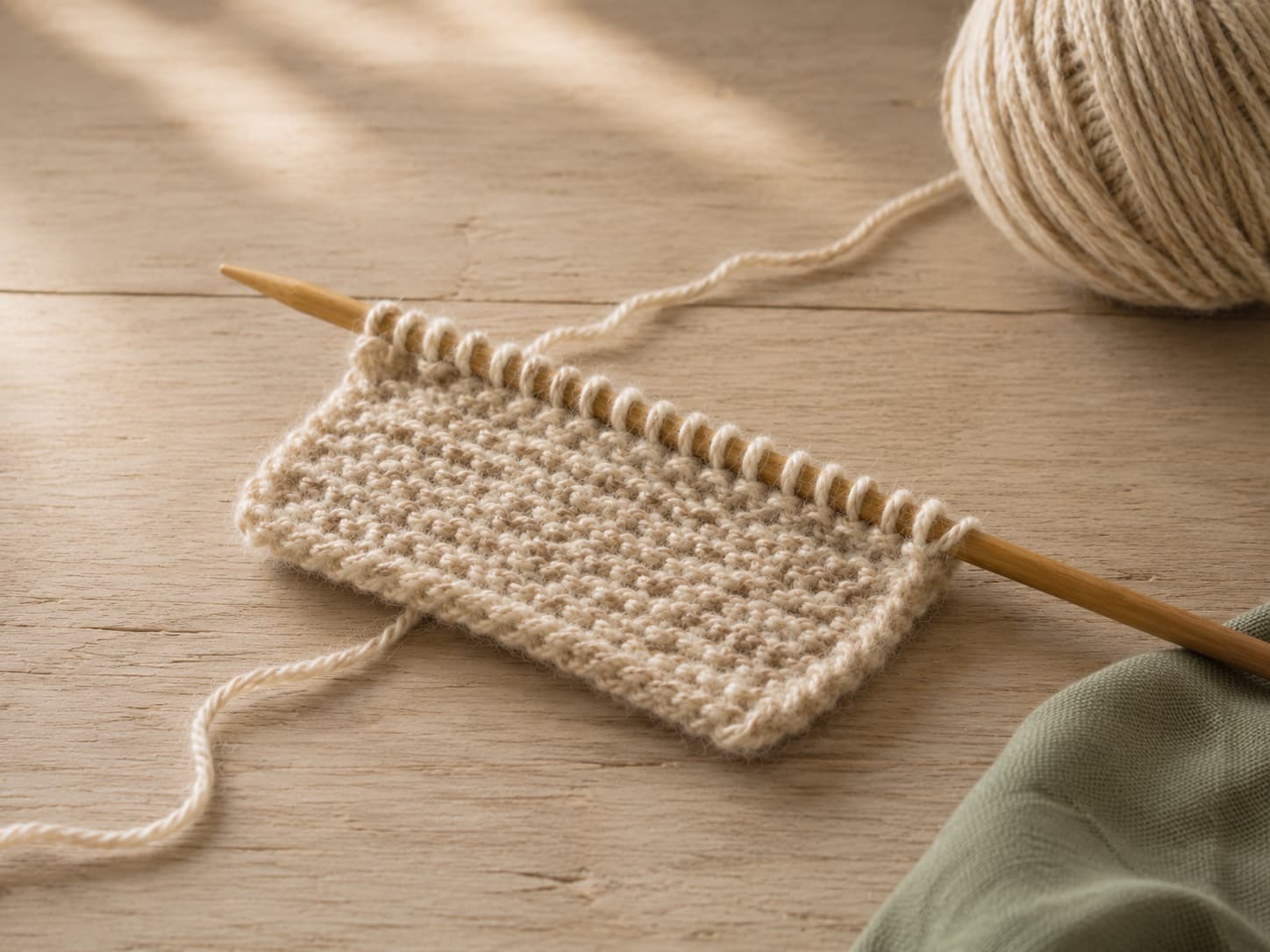 Illustration of a beginner knitting swatch on wooden needles with oatmeal yarn in soft natural light.
