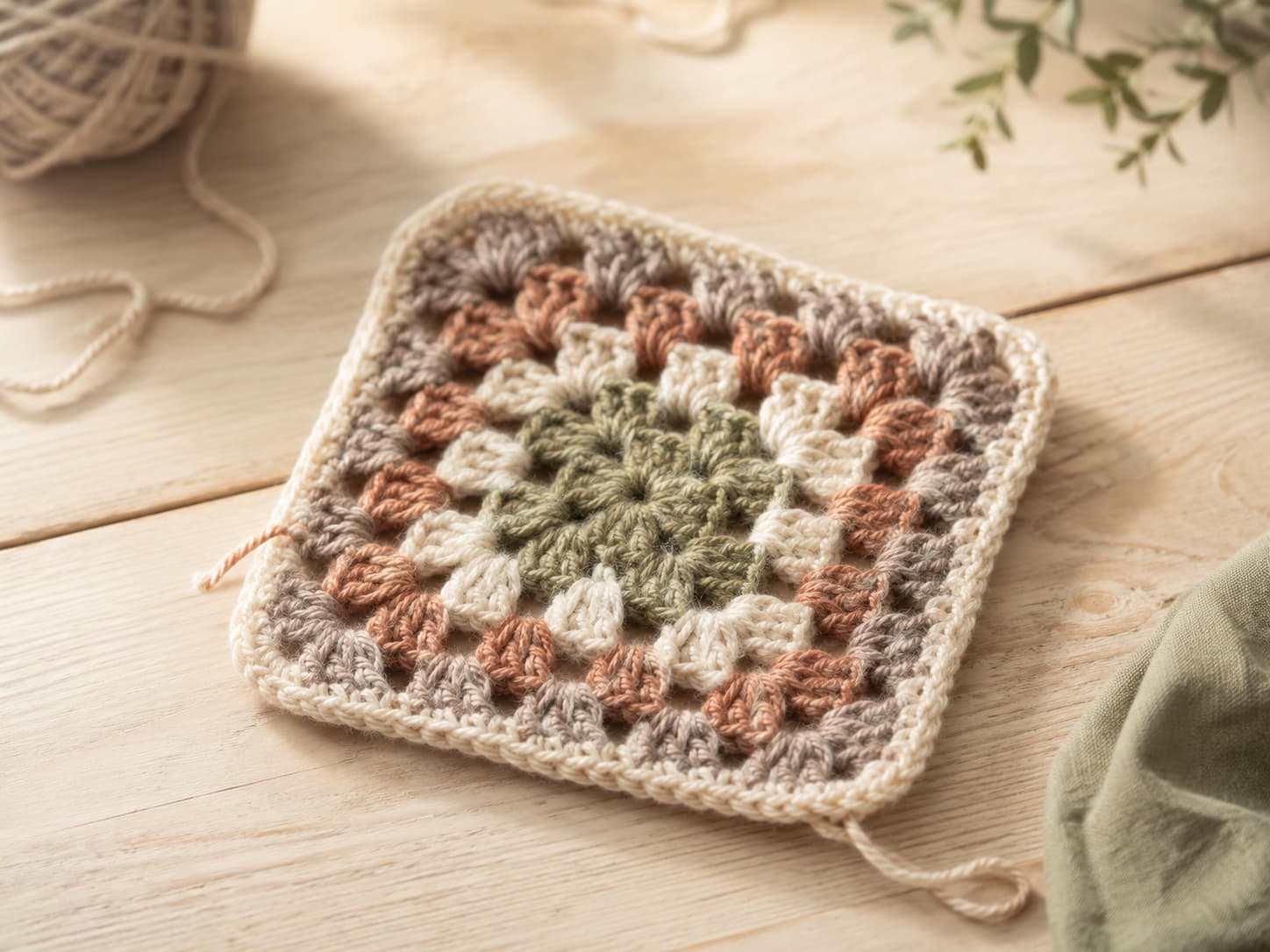 Illustration of a classic crochet granny square in muted warm yarn colors.