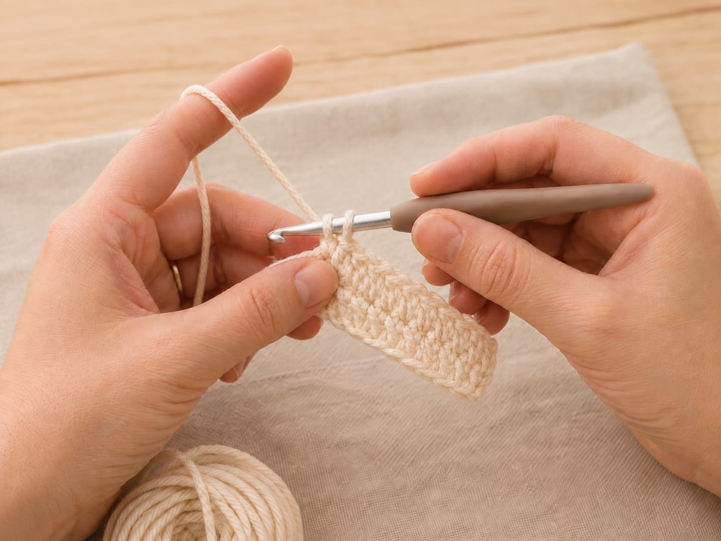 Hands holding a crochet hook in a relaxed knife grip while the working yarn runs over the opposite index finger.