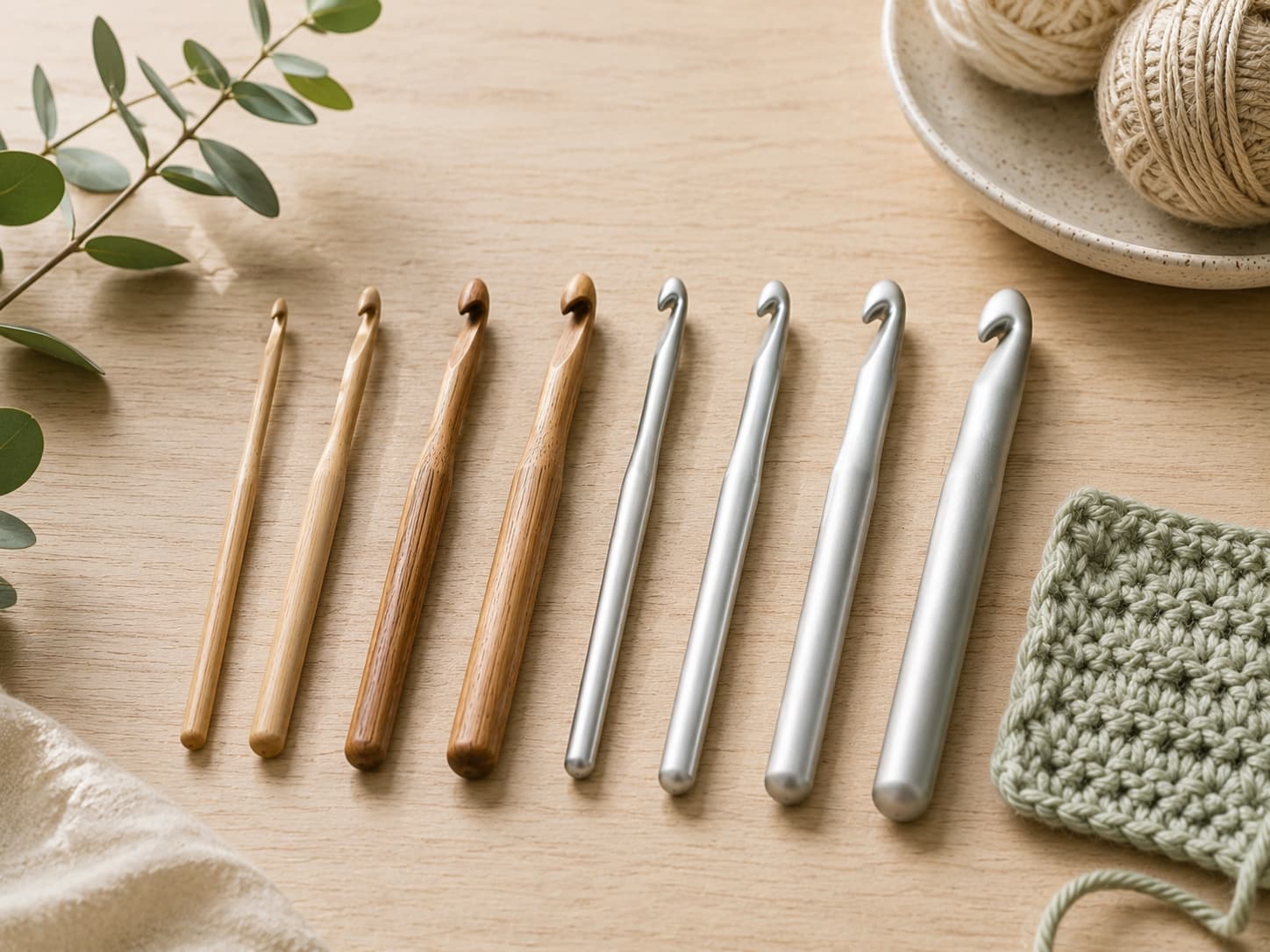 Illustration of common wooden and metal crochet hook sizes arranged beside a small yarn swatch.