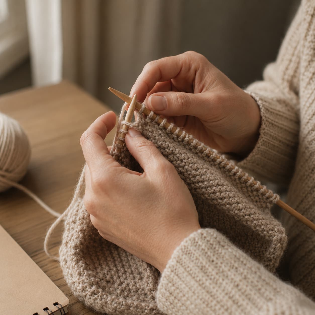 Hands knitting oatmeal-colored yarn at a warm, naturally lit table.