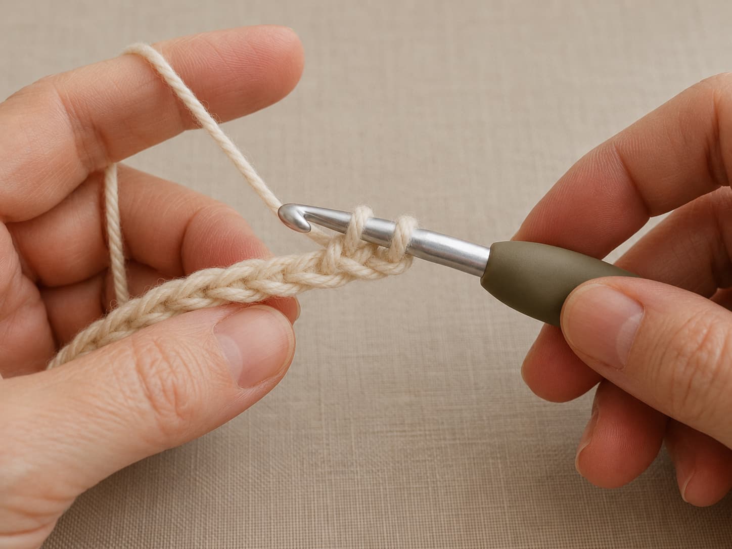Crochet hook inserted into a chain while forming a single crochet with two loops visible on the hook.