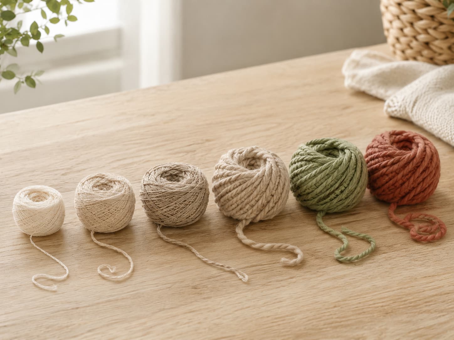 Illustration of neutral yarn weights arranged from fine to bulky for a beginner comparison.