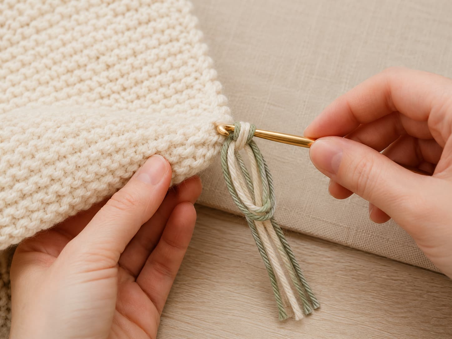 Hands using a crochet hook to pull folded cream and sage yarn strands through the end of a knitted scarf.