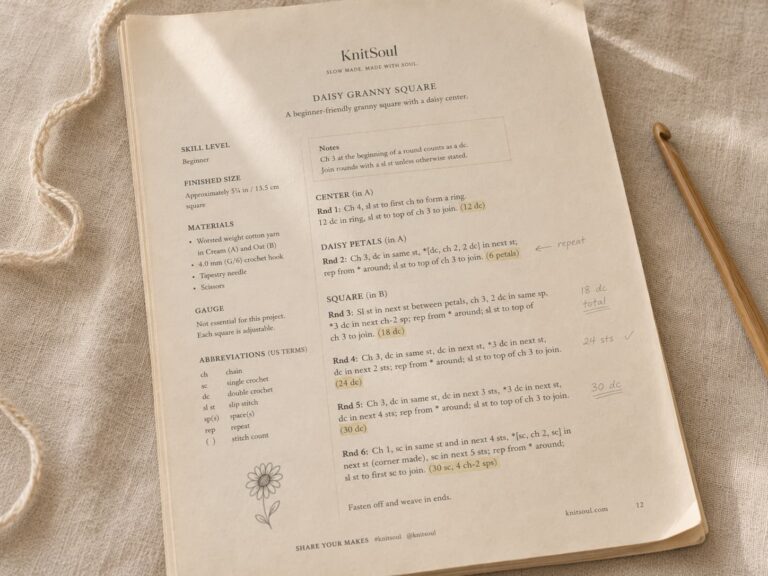 Printed crochet pattern with repeat sections marked, stitch counts highlighted, and handwritten row notes on natural linen.