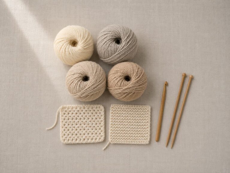 Four neutral yarn balls with crochet and garter stitch swatches, a wooden hook, and knitting needles on linen.