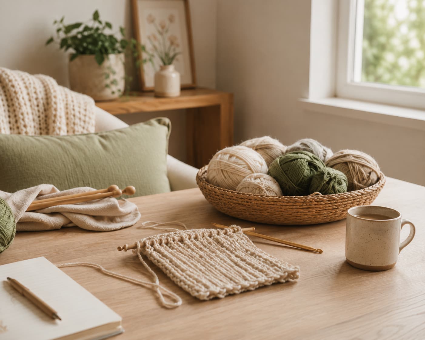 Cozy beginner knitting and crochet workspace with neutral yarn, wooden tools, and soft natural light.