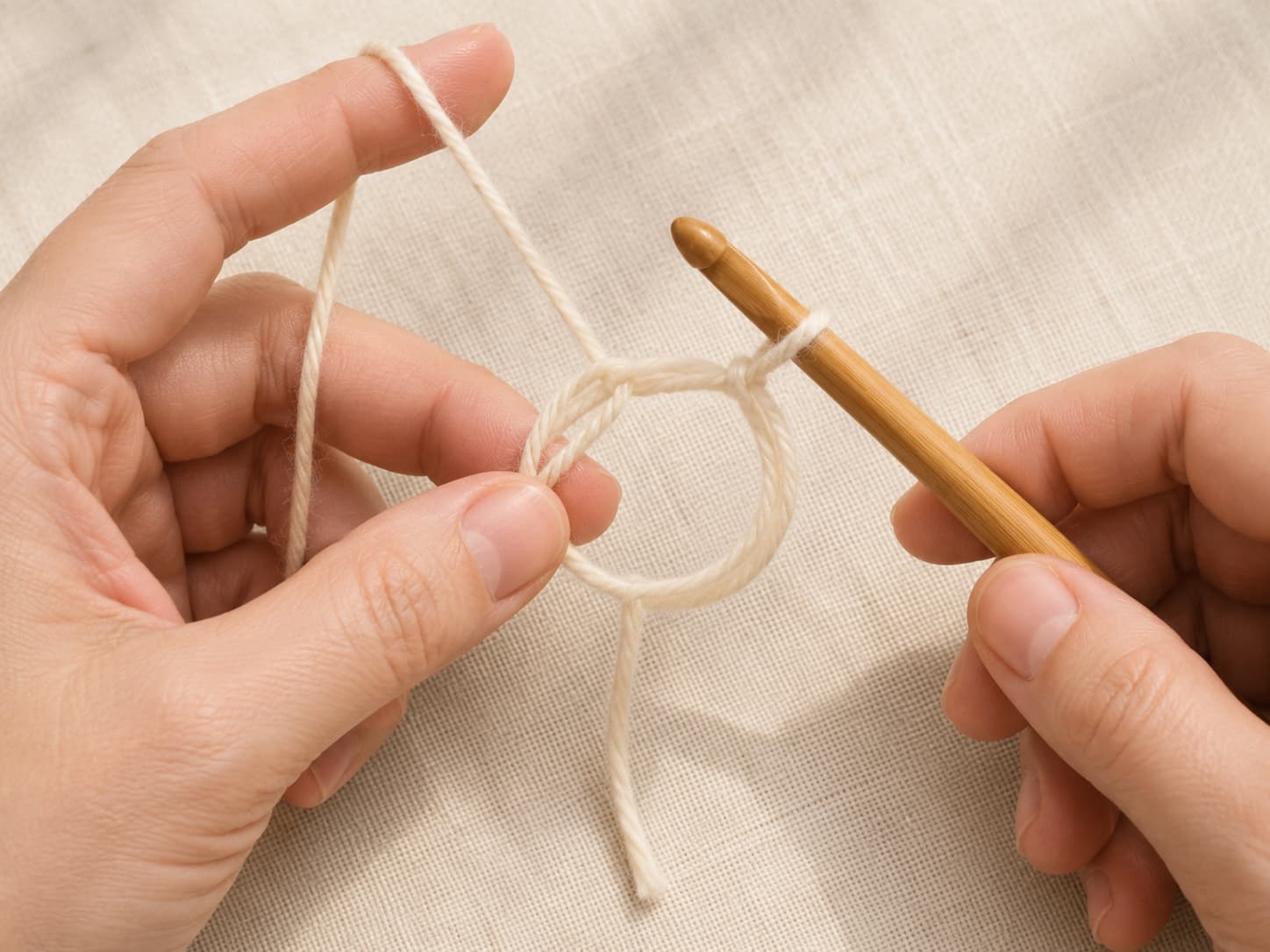 Hands forming an adjustable magic ring with cream yarn and a 5 mm wooden crochet hook on natural linen.
