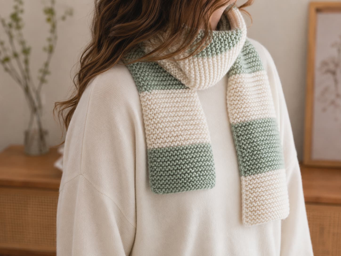 Cream-and-sage striped garter-stitch scarf wrapped once around a person’s neck in soft natural daylight, with the face out of frame.