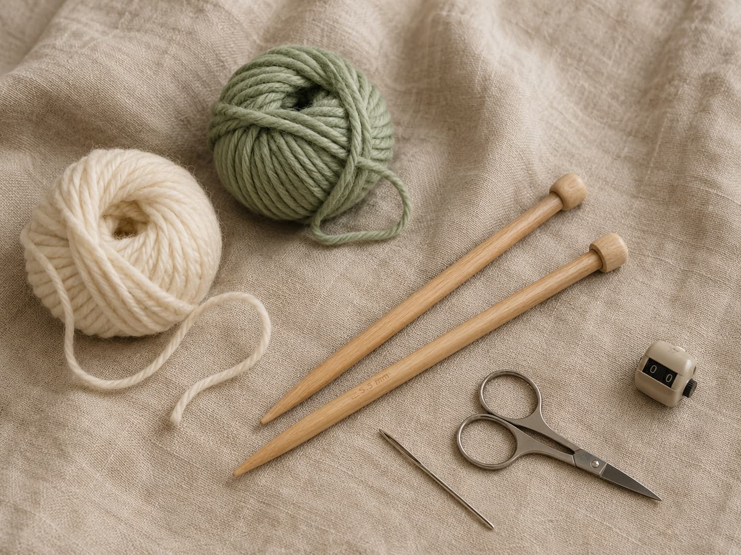 Cream and sage worsted yarn with 5.5 mm wooden knitting needles, scissors, a tapestry needle, and row counter on linen.