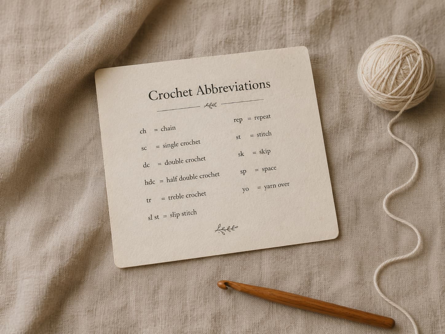 Crochet abbreviations reference card beside cream cotton yarn and a wooden crochet hook on natural linen.