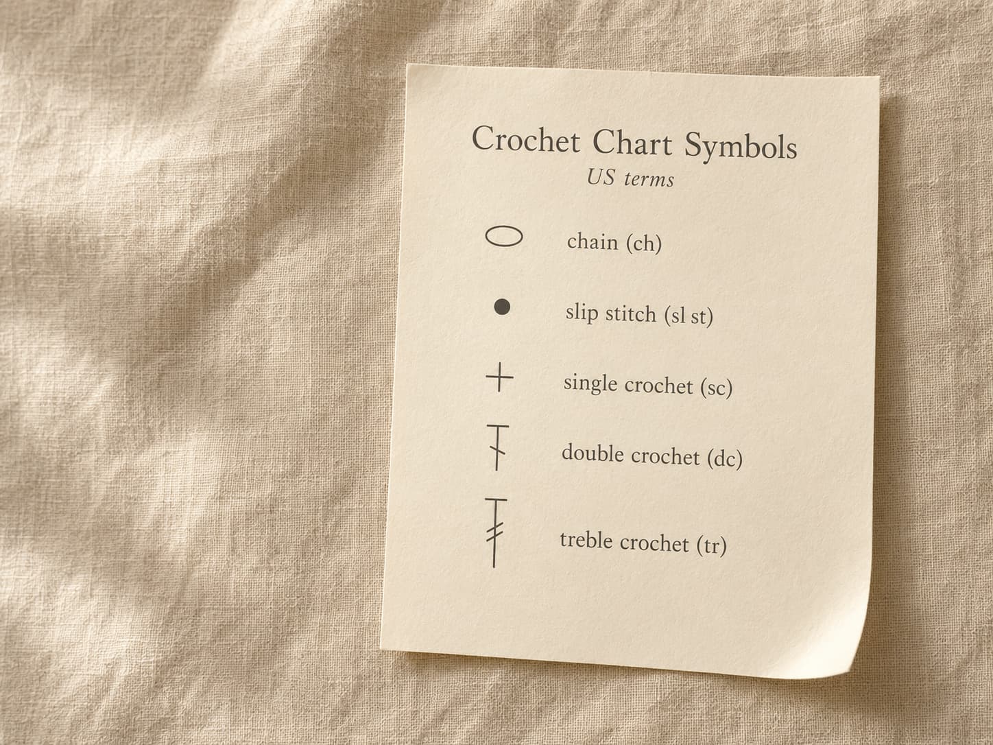 Crochet chart showing chain, slip stitch, single crochet, double crochet, and treble crochet symbols on cream paper.