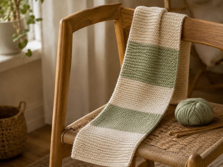 Cream-and-sage garter-stitch scarf draped over a wooden chair beside matching yarn and knitting needles in natural light.