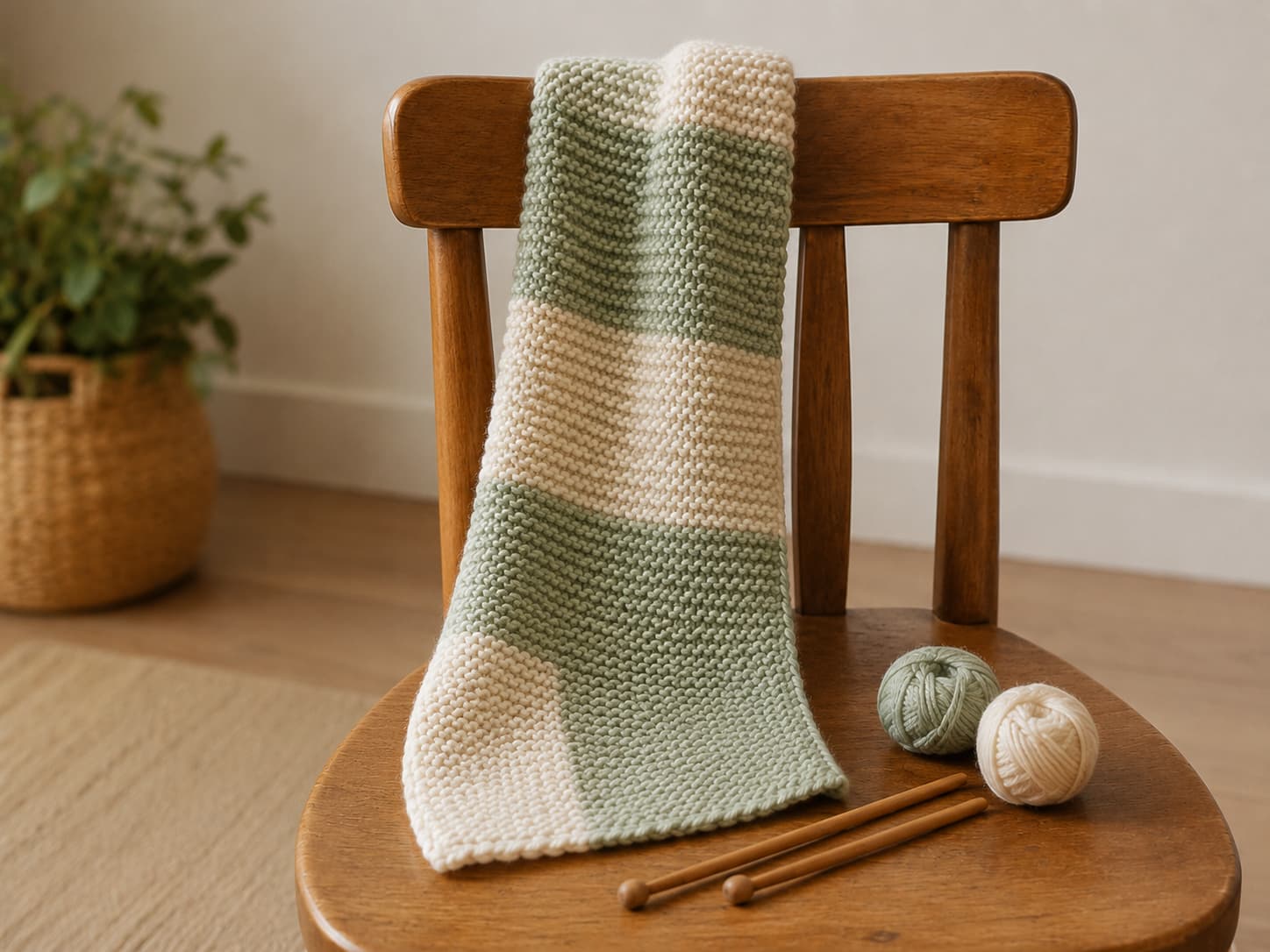 Finished cream-and-sage garter-stitch scarf draped over a wooden chair beside knitting needles and matching yarn.