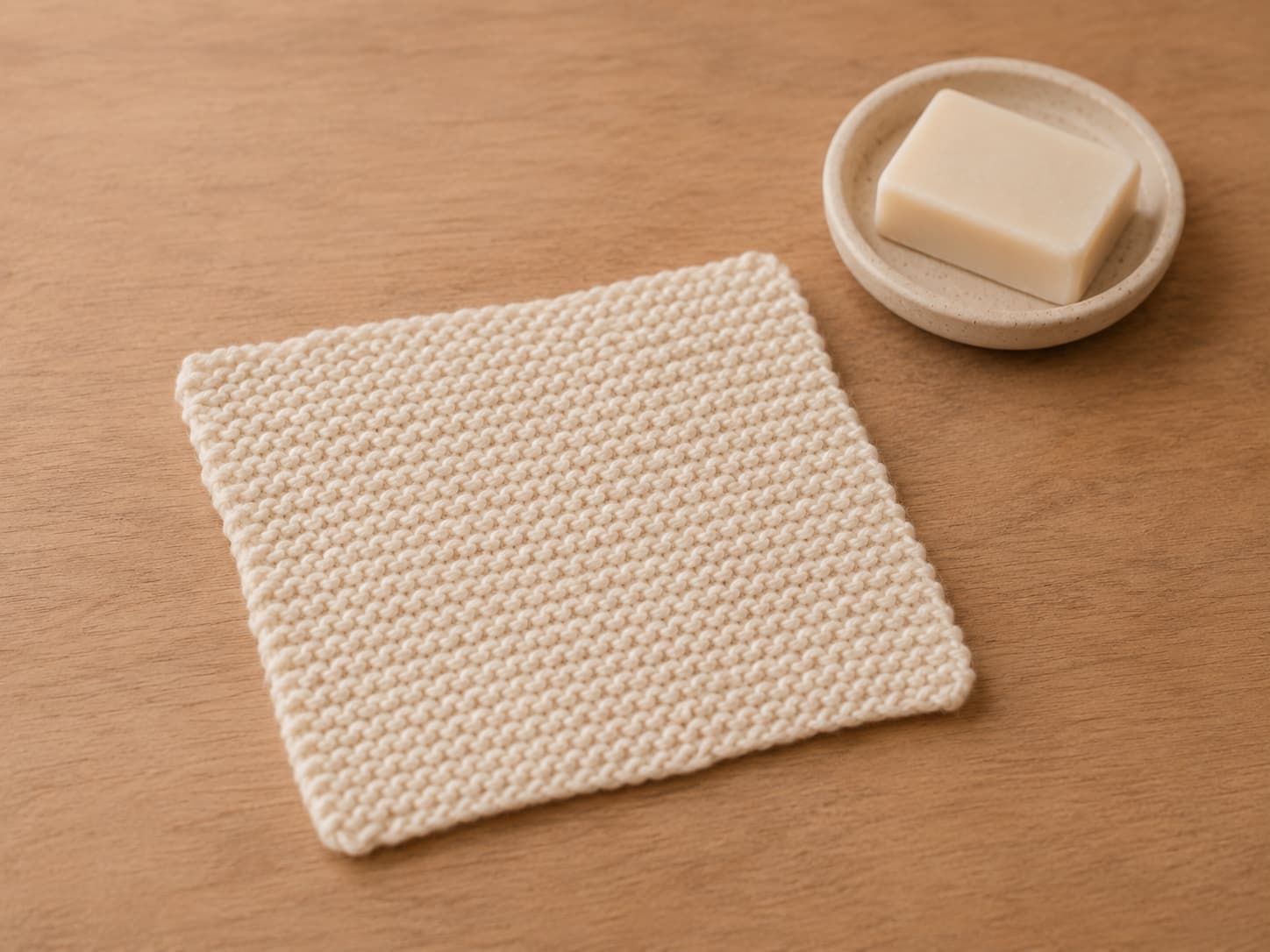 Finished cream cotton garter-stitch washcloth beside a simple bar of soap on a warm wooden surface.