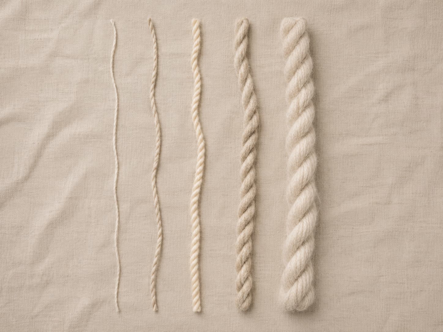 Five light-colored yarn strands arranged from fine to bulky on natural linen to compare thickness.