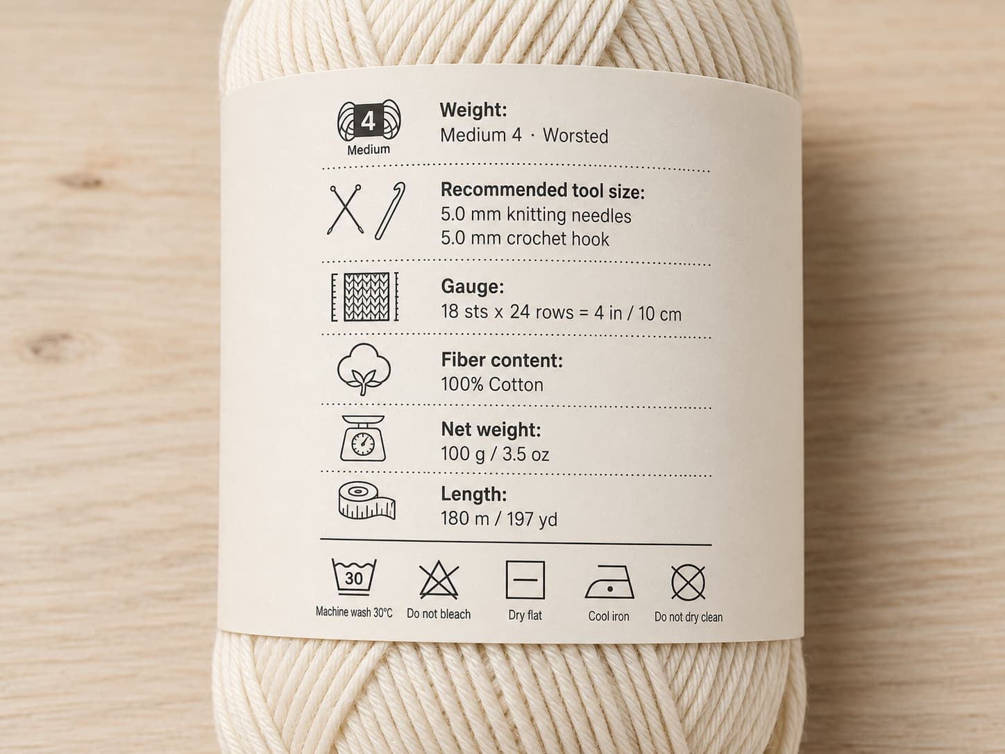 Close-up of a generic yarn label showing weight, recommended tool size, gauge, fiber content, length, and care symbols.