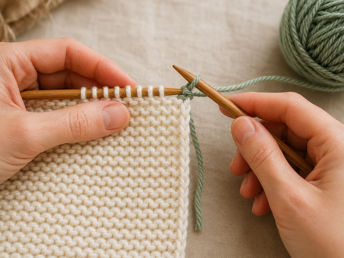 Hands joining sage yarn at the beginning of a row on a cream garter-stitch scarf with wooden knitting needles.