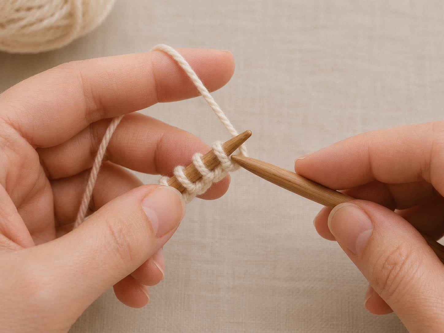 Right knitting needle inserted through the front leg of the first stitch on the left needle, with the working yarn held behind.