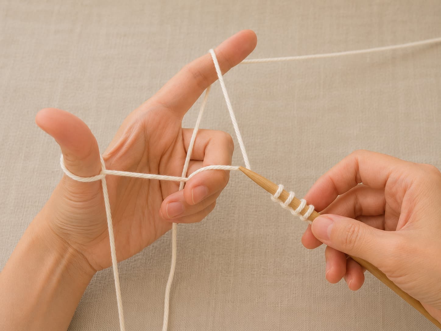 Hands demonstrating a long-tail cast on with the yarn tail over the thumb, working yarn over the index finger, and a wooden knitting needle.
