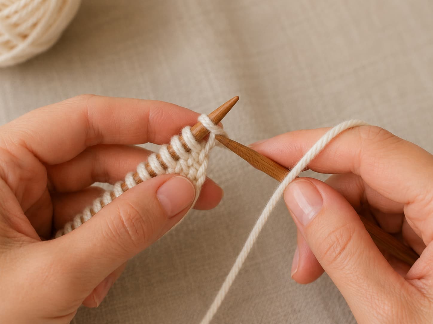 Right knitting needle entering the front of the first stitch from right to left with the working yarn held in front for a purl stitch.