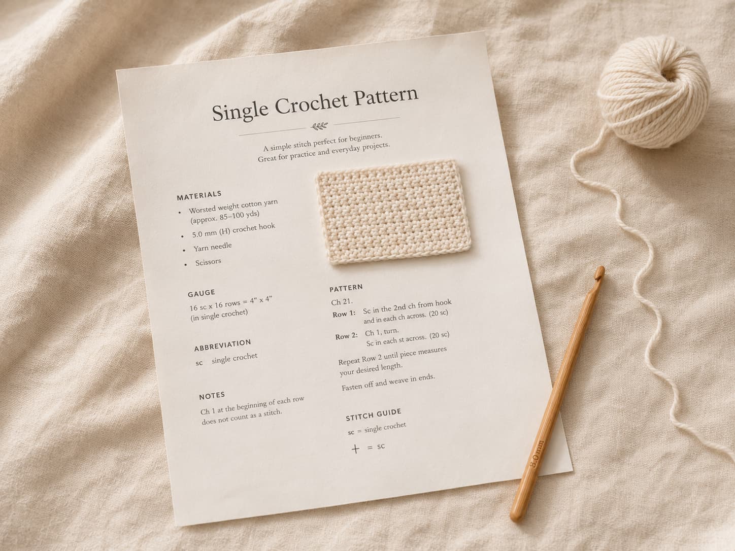 Printed crochet pattern page beside cream yarn and a wooden crochet hook on natural linen in soft morning light.