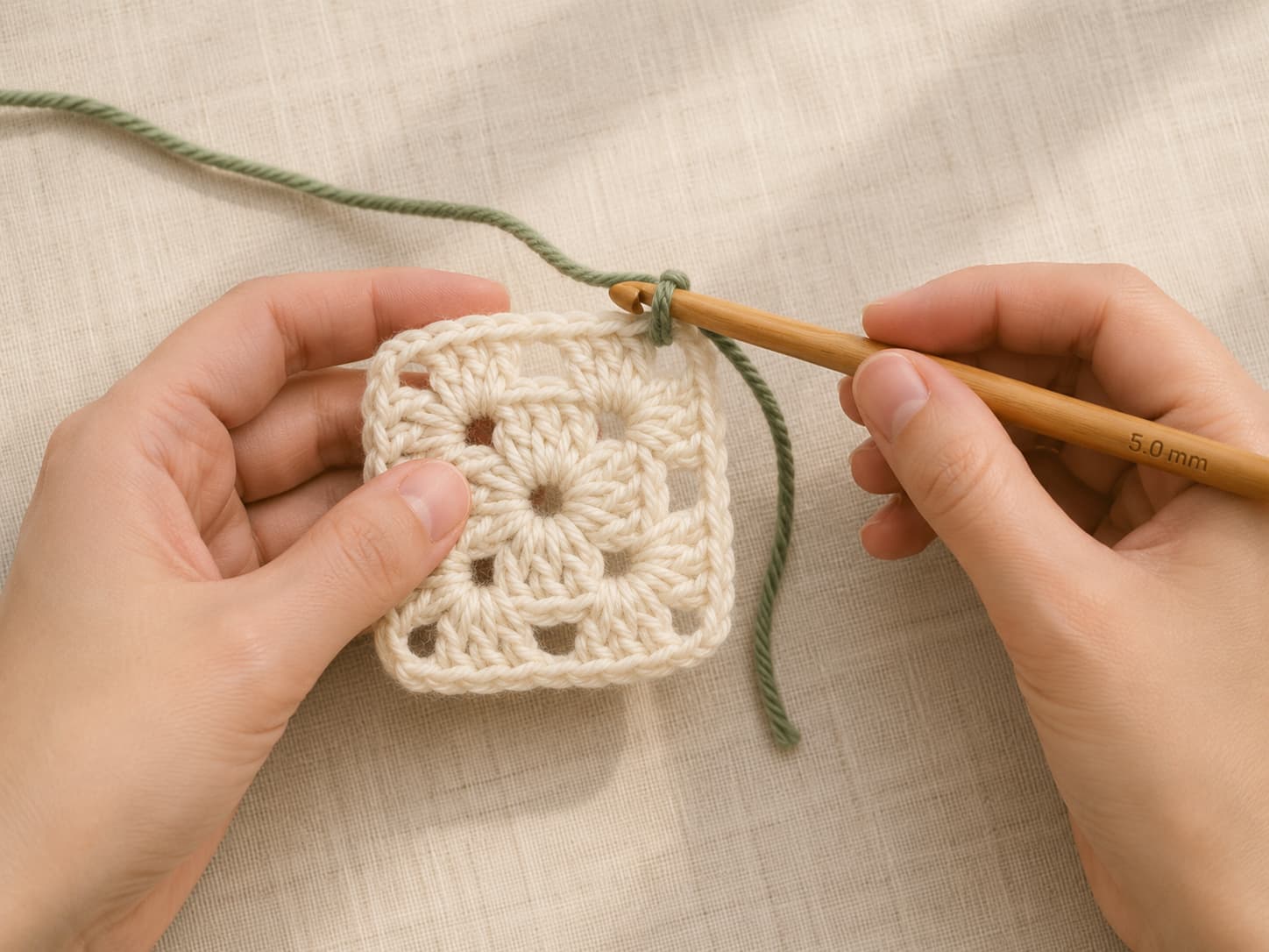 Hands joining sage yarn in a chain-2 corner space of a completed cream granny-square center.