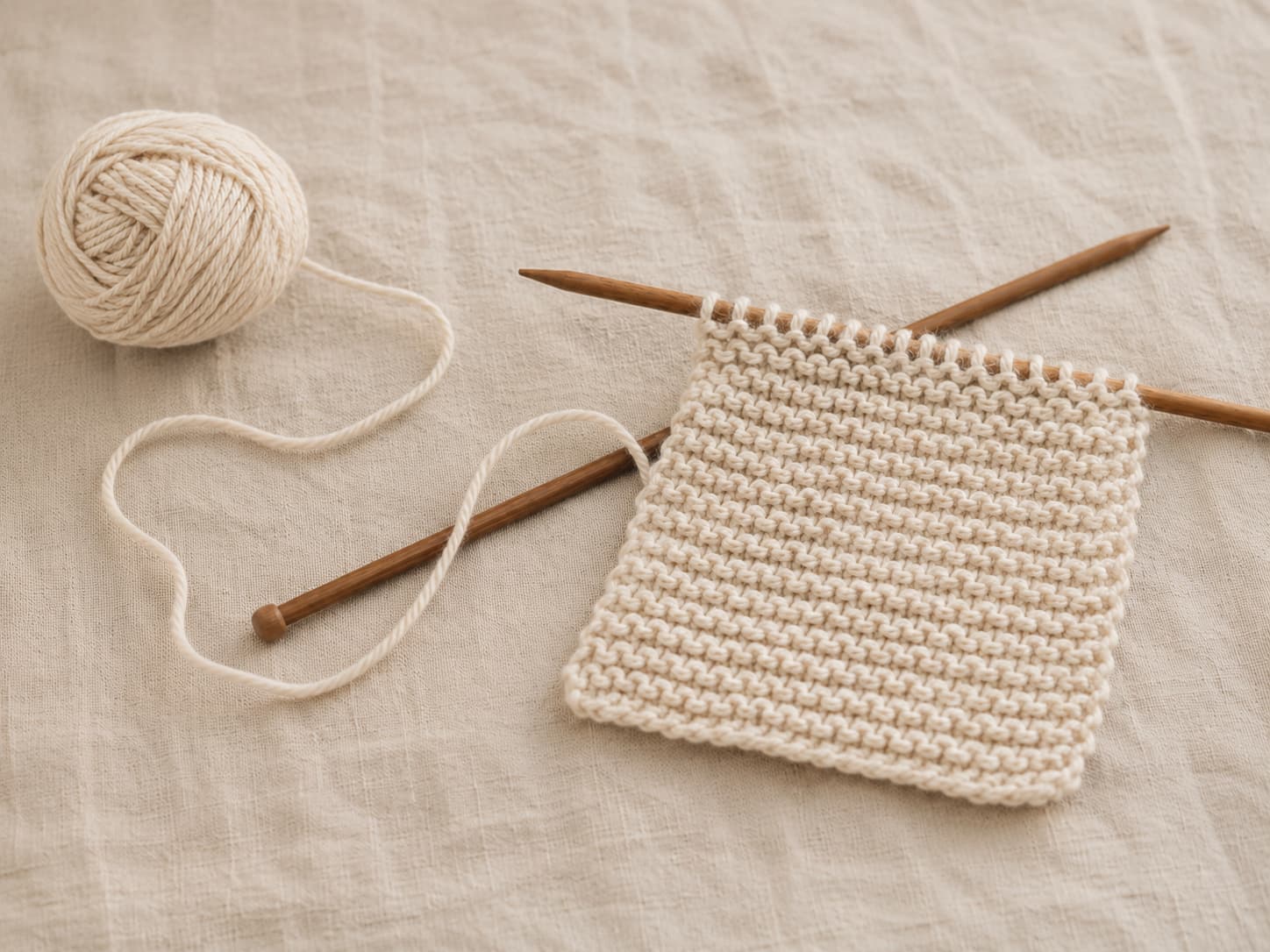 Wooden knitting needles with cream cotton yarn and a partly knitted garter-stitch swatch on natural linen.
