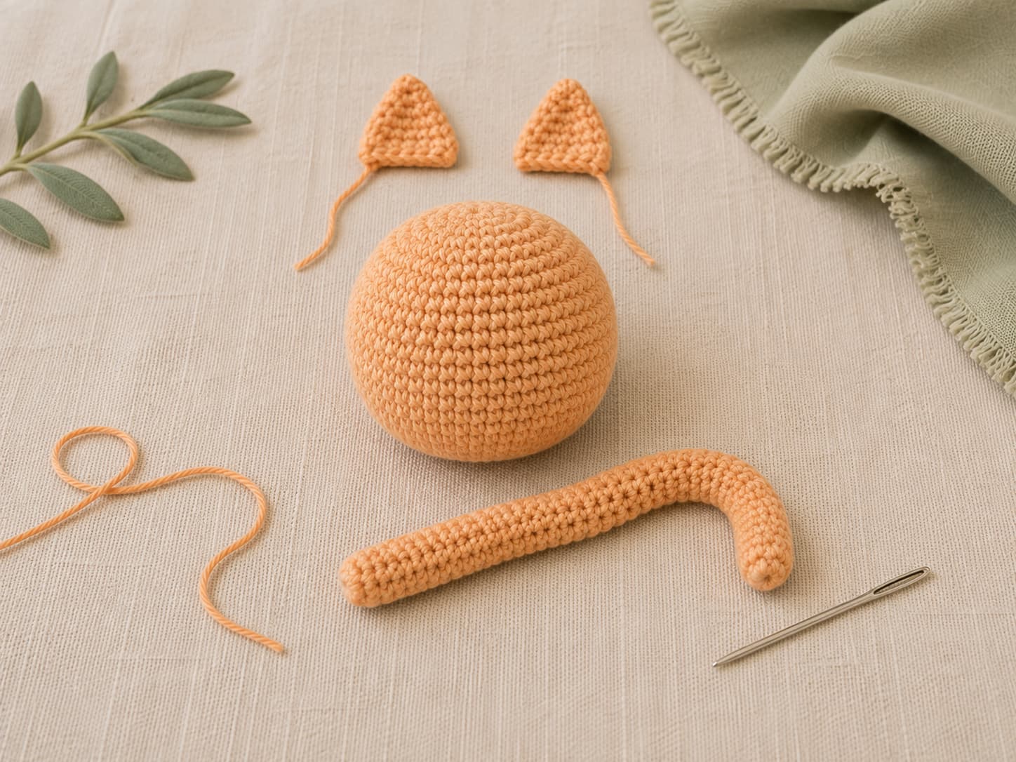 Apricot-ginger amigurumi cat assembly layout with a stuffed round body, two separate triangle ears, a crocheted tail, a tapestry needle, and matching yarn on warm ivory linen.