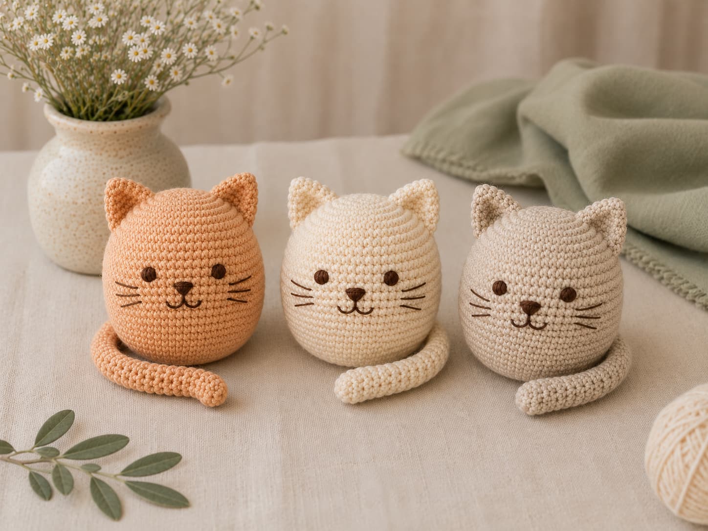 Three finished sphere-body amigurumi cats in apricot-ginger, warm ivory, and soft oatmeal with triangle ears, slim crochet tails, and embroidered faces on warm linen.