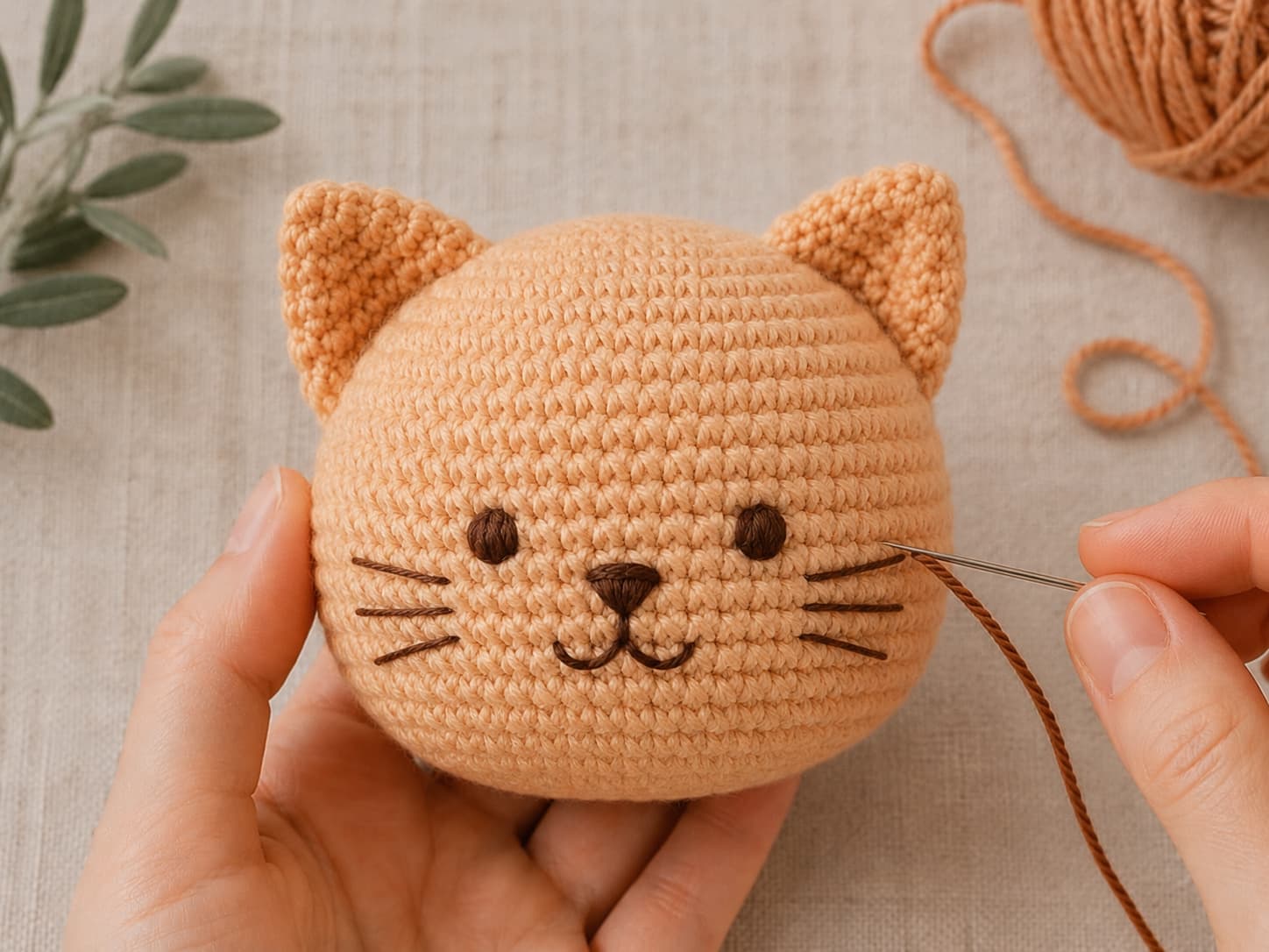 Close-up of an apricot-ginger amigurumi cat as dark brown eyes, nose, mouth, and whiskers are embroidered by hand with a tapestry needle.