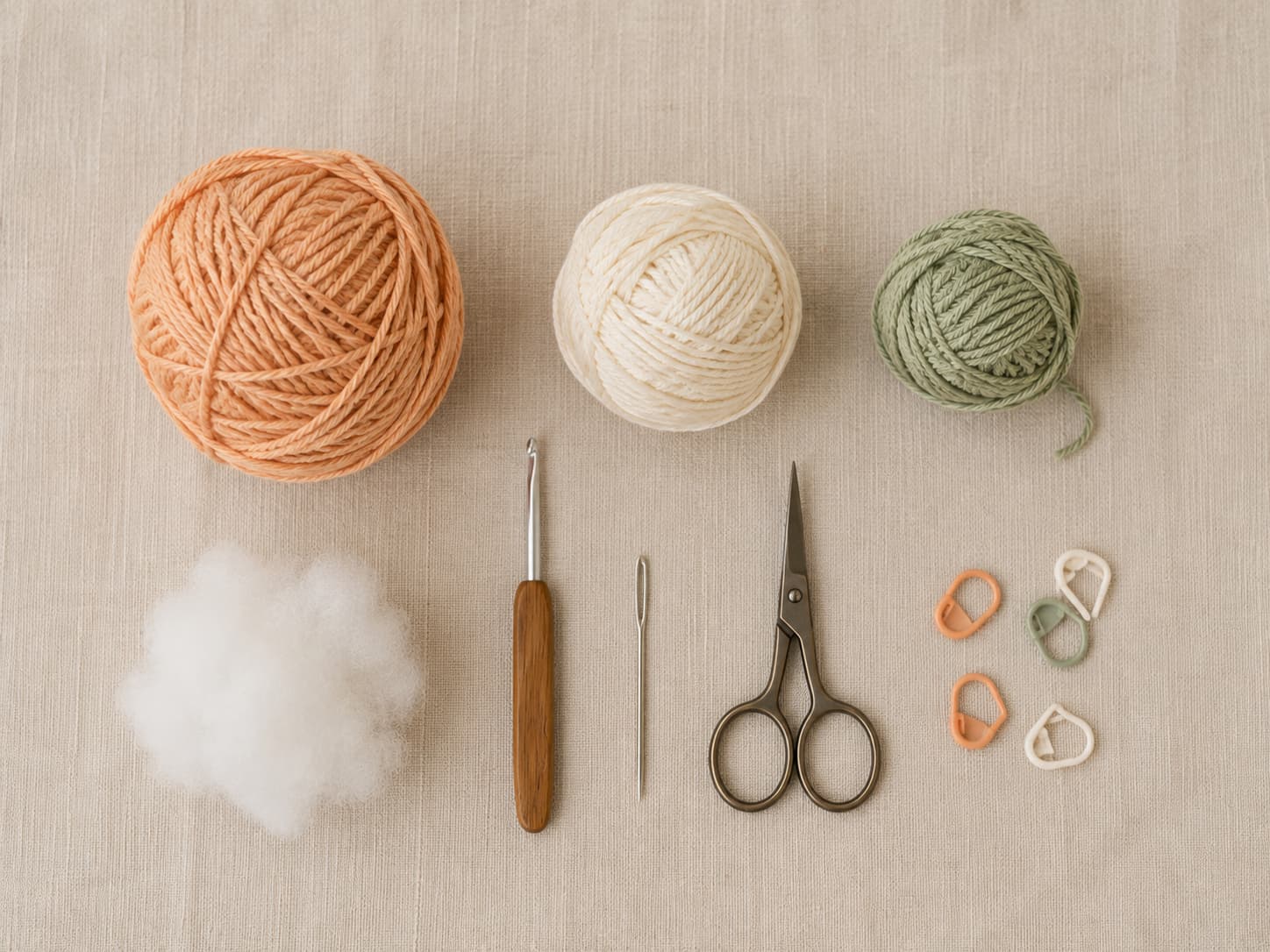 Smooth yarn in apricot-ginger, warm ivory, and muted sage beside a crochet hook, stuffing, stitch markers, scissors, and a tapestry needle on natural linen.