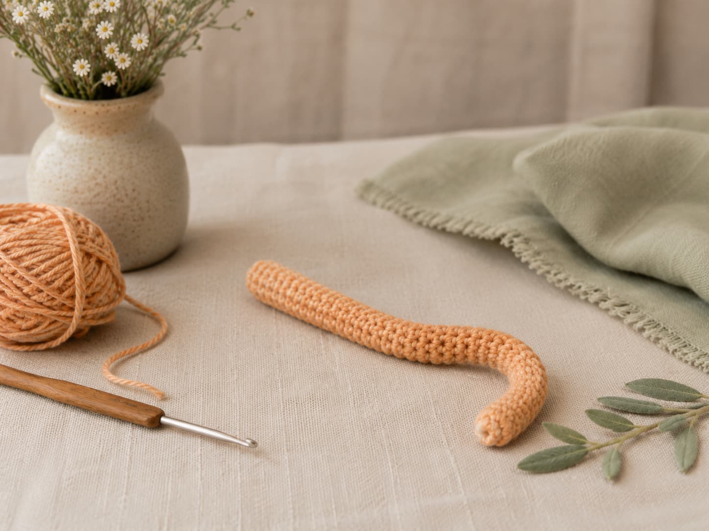 Long apricot-ginger crochet cat tail worked as a narrow tube with tight single crochet stitches beside a crochet hook on warm ivory linen.