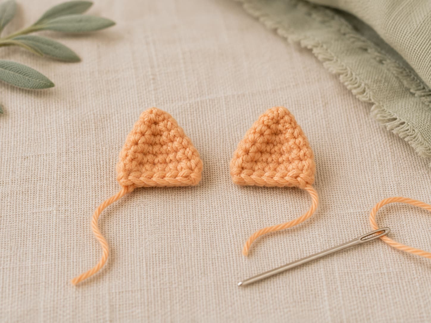 Two apricot-ginger crochet triangle ears with neat shaping and long sewing tails beside a tapestry needle on warm ivory linen.