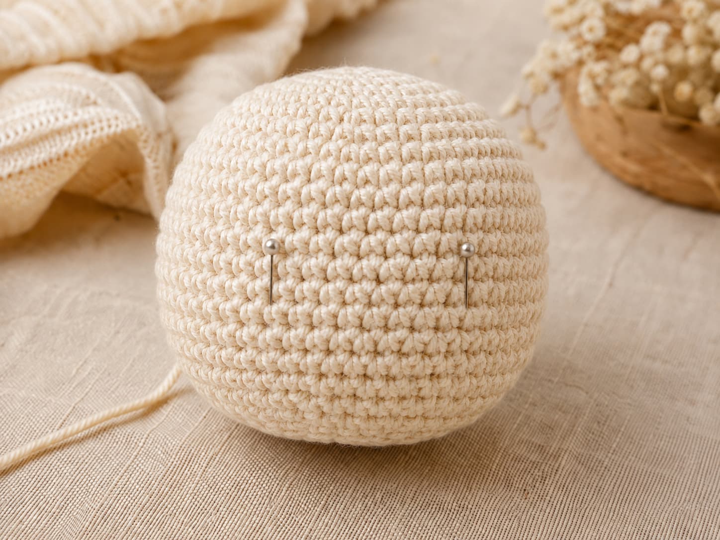 Crochet amigurumi head with two temporary pins marking symmetrical eye positions before permanent safety eyes are installed.