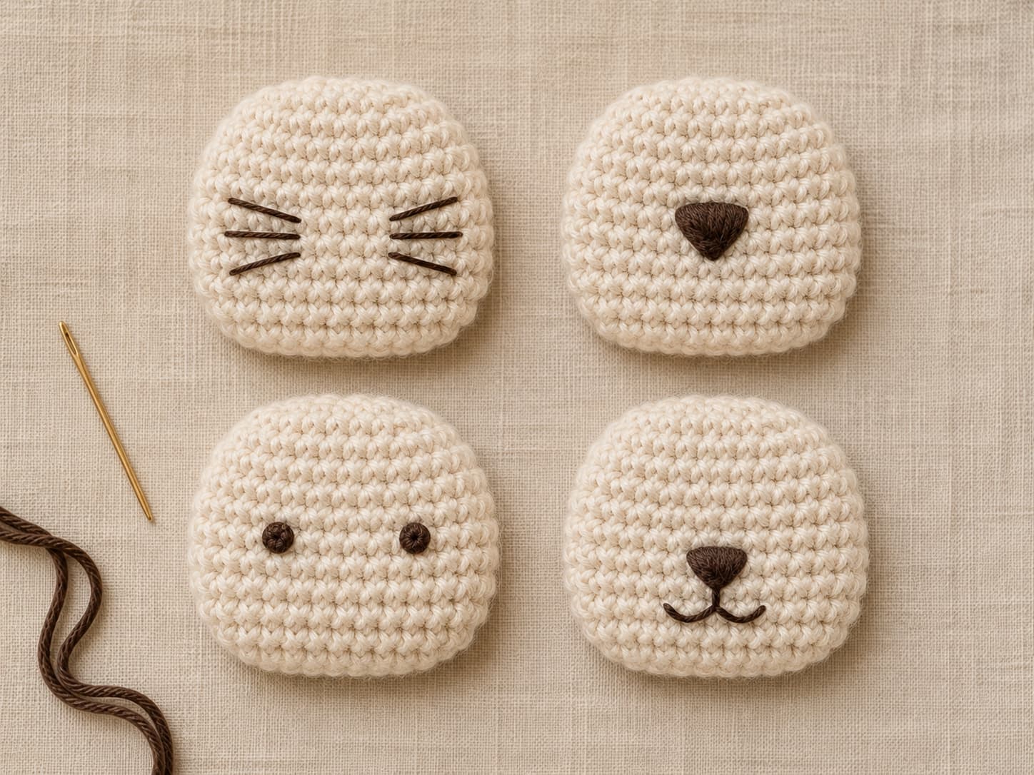 Four amigurumi face embroidery samples showing straight-stitch whiskers, satin-stitch nose, French-knot eyes, and a backstitched mouth.