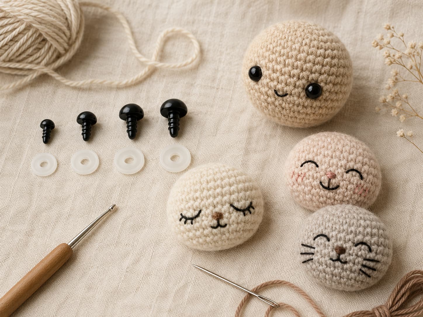 Assorted amigurumi safety eyes beside embroidered face samples, yarn, and a crochet amigurumi head on warm natural linen.