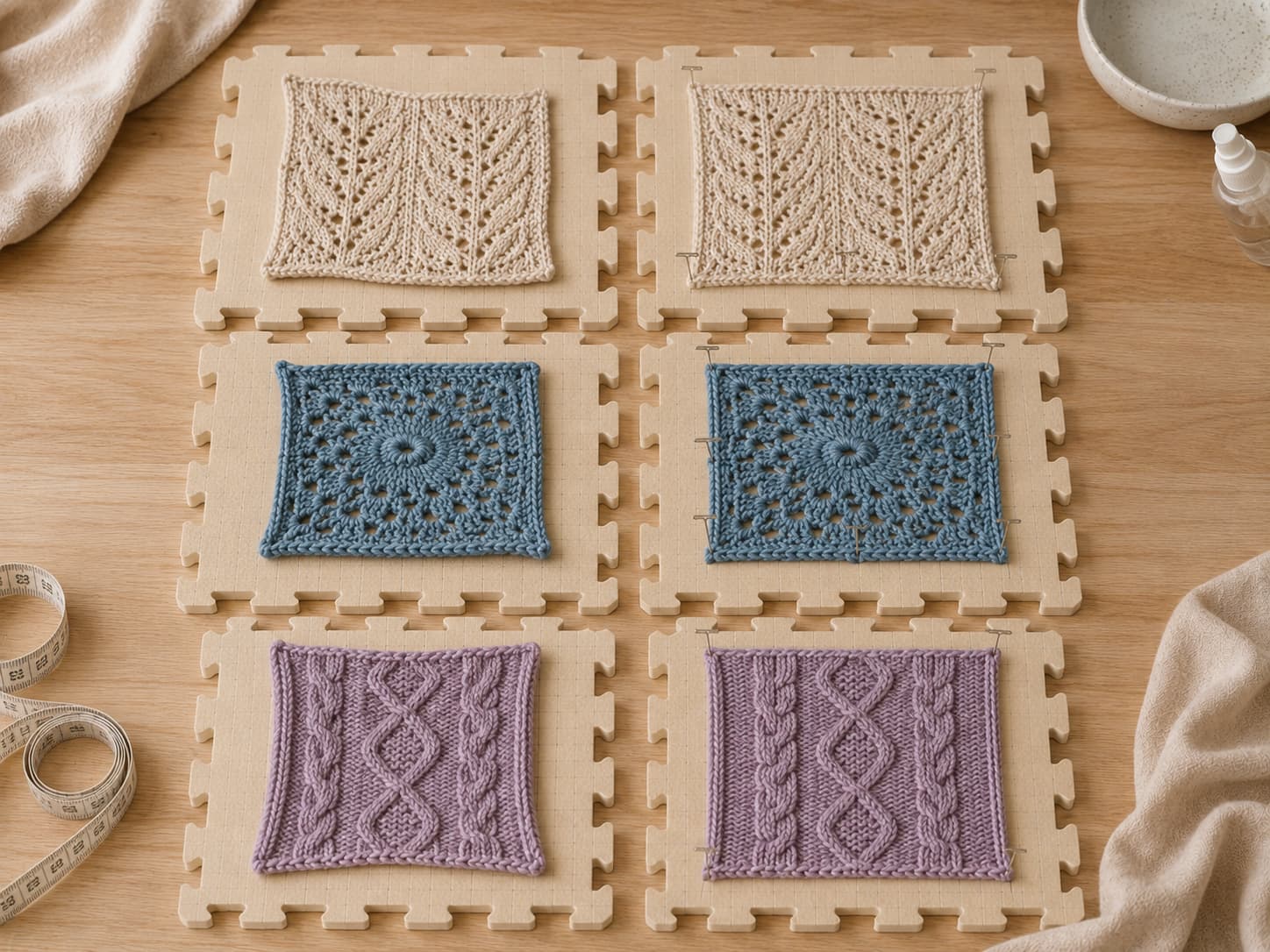 Before-and-after pairs of oatmeal lace, mineral-blue crochet, and heather-lilac cable swatches showing relaxed stitches and straighter edges after blocking.