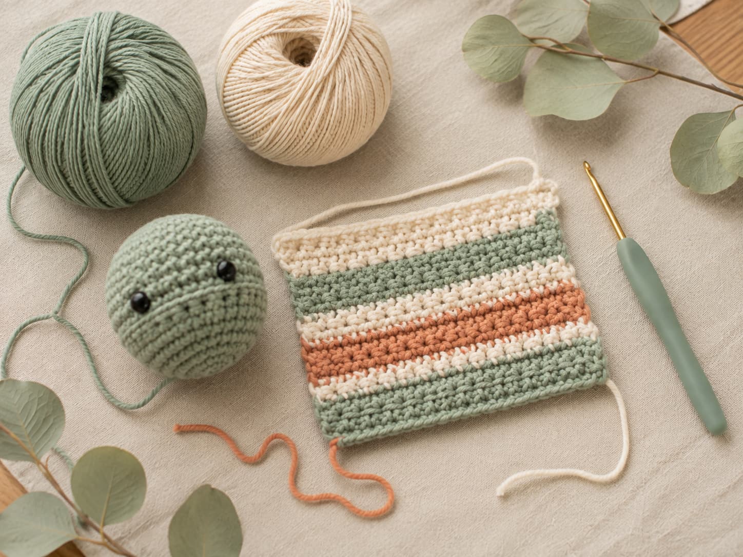 Two beginner crochet learning styles shown side by side with a small amigurumi practice shape and a flat striped crochet swatch using smooth easy-to-see yarn.