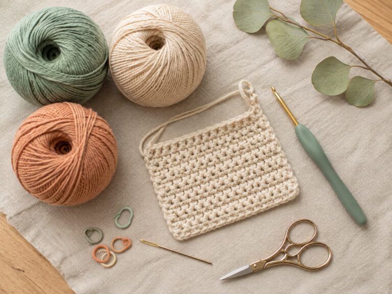 Beginner crochet kit essentials arranged on warm linen with ergonomic hooks, smooth light yarn, stitch markers, tapestry needle, scissors, and a simple crochet practice swatch.